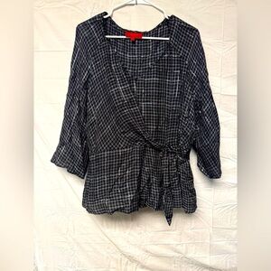 Jennifer Lopez Women's XL Gathered Front Tie 3/4 Sleeves Shirt Top Black Silver